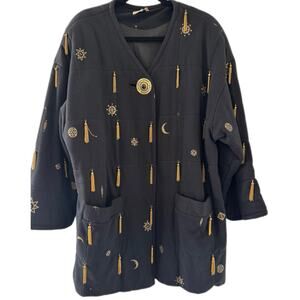Vtg Celestial Black Gold Tassel Embellished Heavy Jacket Witchcore Kimono L XL